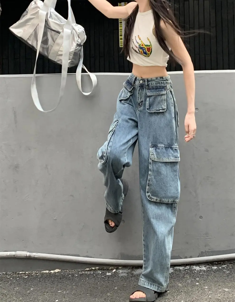 Women's Plus Size Fat Girl Tooling Jeans Loose Casual Straight Pocket Wide Leg Vintage American Style Mop Jeans — feature 35