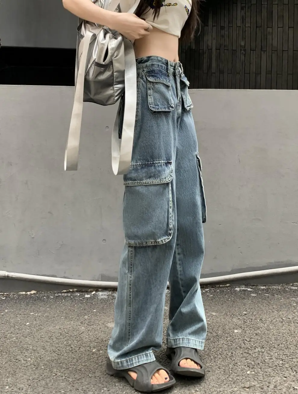 Women's Plus Size Fat Girl Tooling Jeans Loose Casual Straight Pocket Wide Leg Vintage American Style Mop Jeans — feature 36