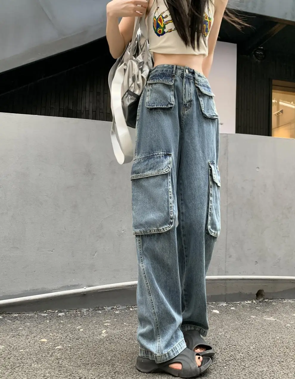 Women's Plus Size Fat Girl Tooling Jeans Loose Casual Straight Pocket Wide Leg Vintage American Style Mop Jeans — feature 37
