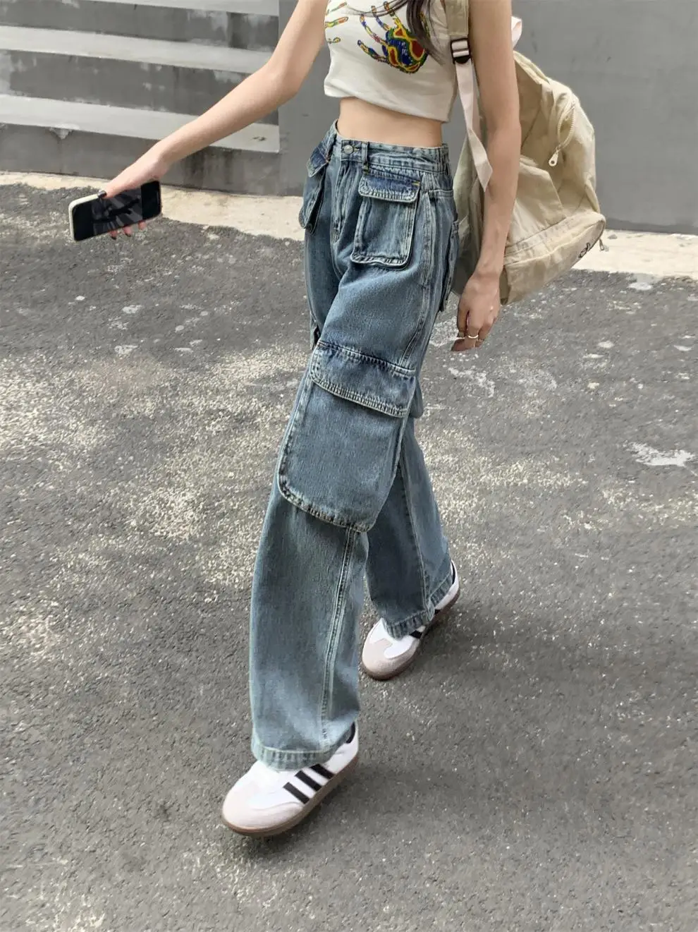 Women's Plus Size Fat Girl Tooling Jeans Loose Casual Straight Pocket Wide Leg Vintage American Style Mop Jeans — feature 38