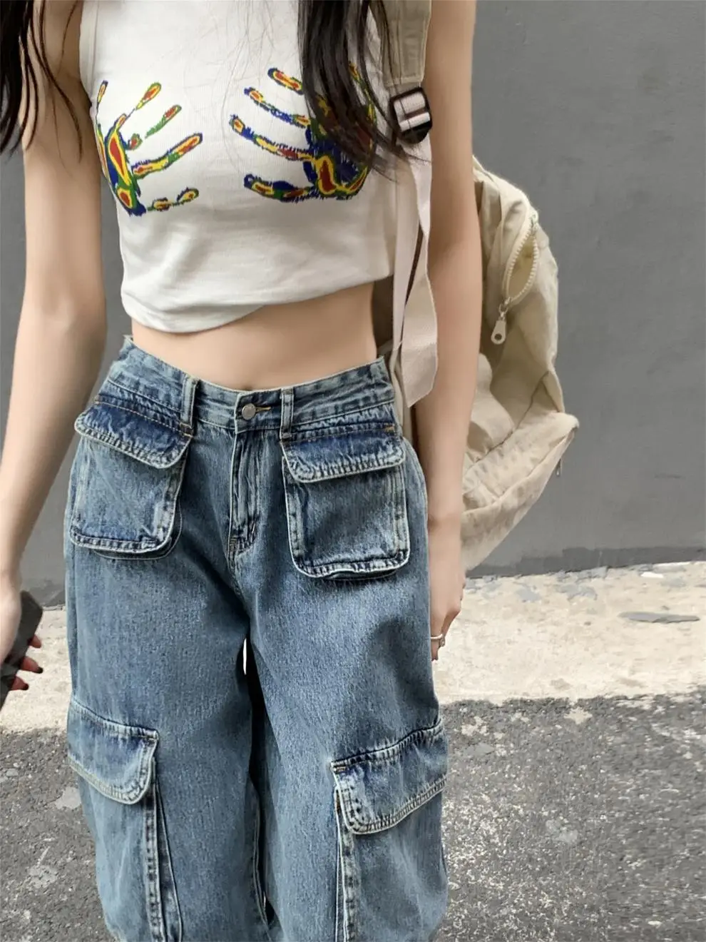 Women's Plus Size Fat Girl Tooling Jeans Loose Casual Straight Pocket Wide Leg Vintage American Style Mop Jeans — feature 40