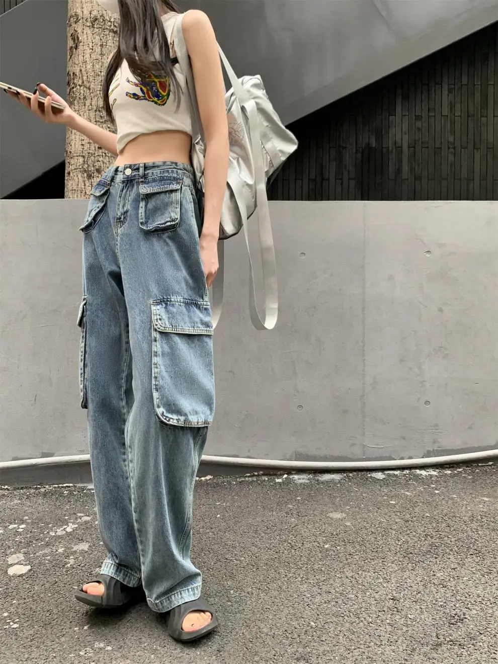 Women's Plus Size Fat Girl Tooling Jeans Loose Casual Straight Pocket Wide Leg Vintage American Style Mop Jeans — feature 41