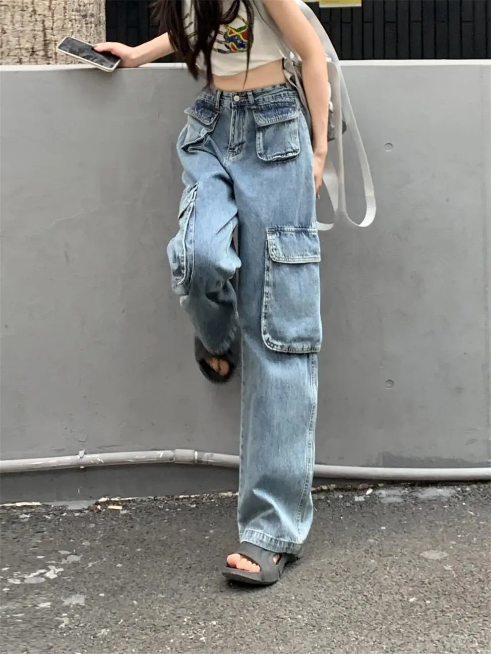 Women's Plus Size Fat Girl Tooling Jeans Loose Casual Straight Pocket Wide Leg Vintage American Style Mop Jeans — feature 42