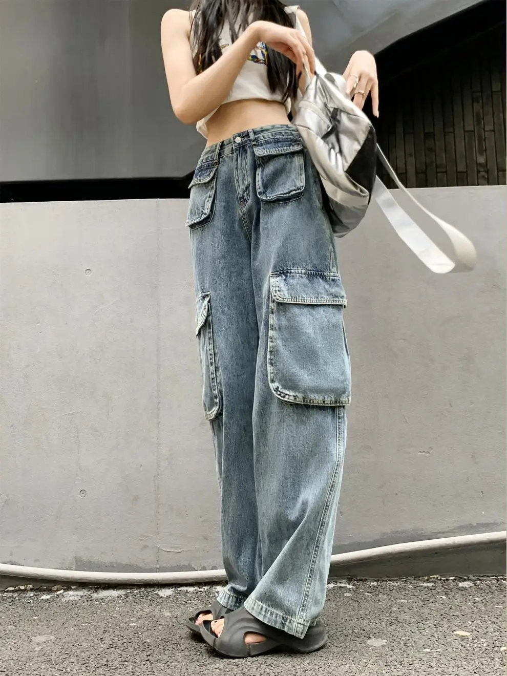 Women's Plus Size Fat Girl Tooling Jeans Loose Casual Straight Pocket Wide Leg Vintage American Style Mop Jeans — feature 43