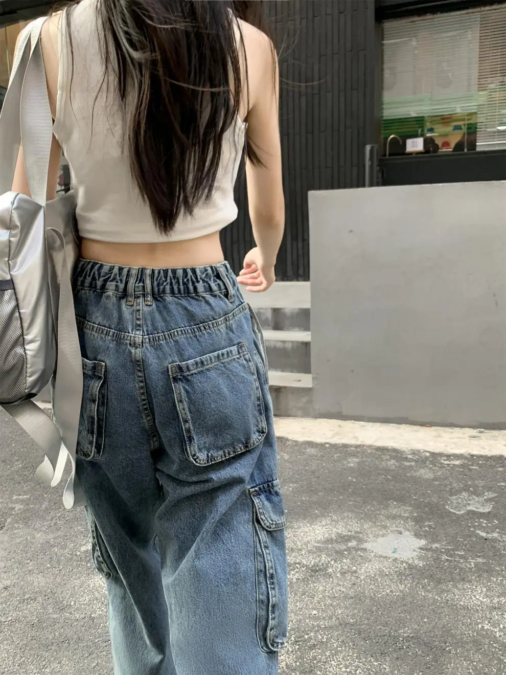 Women's Plus Size Fat Girl Tooling Jeans Loose Casual Straight Pocket Wide Leg Vintage American Style Mop Jeans — feature 45
