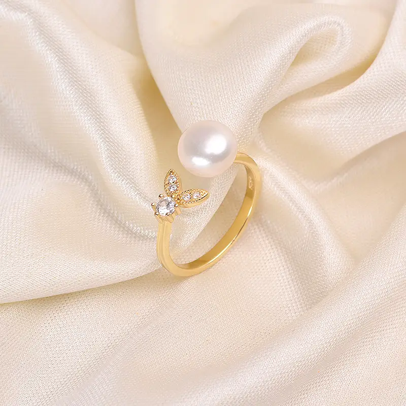 Tilian Pearl Open Leaf Ring Copper Gold Plated 7-8mm - Image 5
