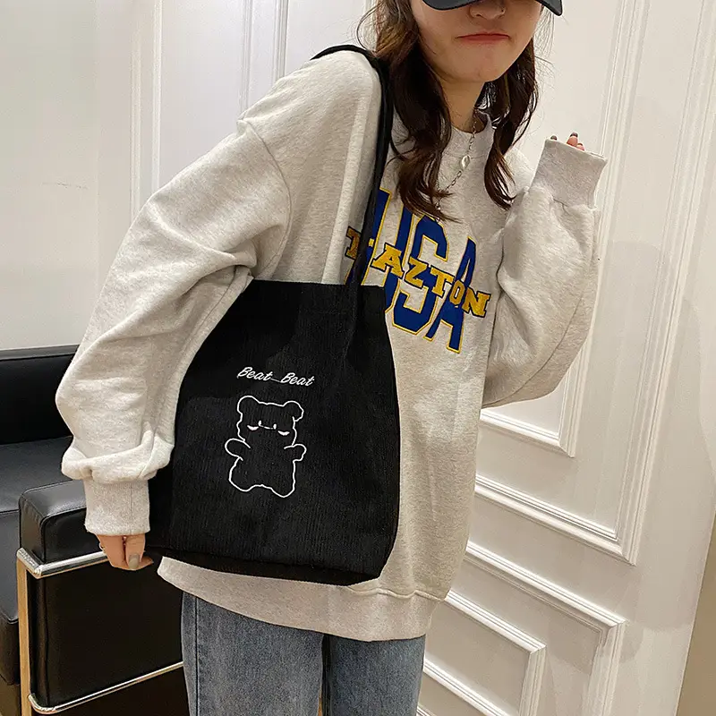 New Corduroy Women's Black Bear Embroidered Shoulder Bag - Image 6