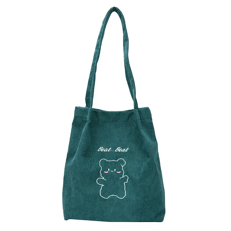 New Corduroy Women's Black Bear Embroidered Shoulder Bag - Image 9