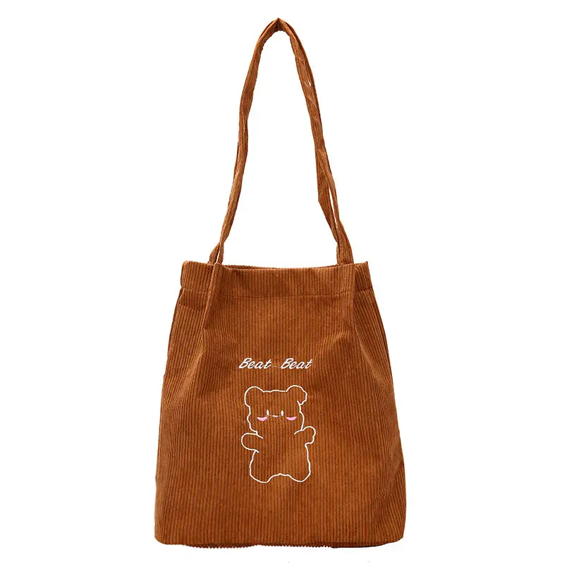 New Corduroy Women's Black Bear Embroidered Shoulder Bag - Image 2