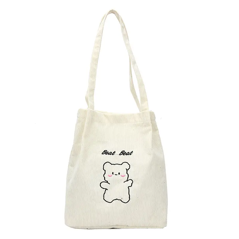 New Corduroy Women's Black Bear Embroidered Shoulder Bag - Image 3