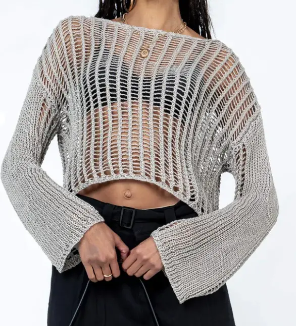 Black Mesh Long Sleeve Sweater for Women - Image 5