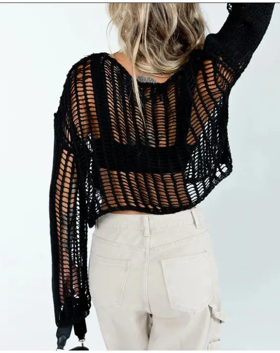 Black Mesh Long Sleeve Sweater for Women - Image 7