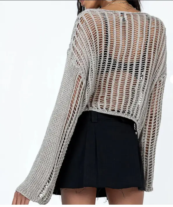 Black Mesh Long Sleeve Sweater for Women - Image 8