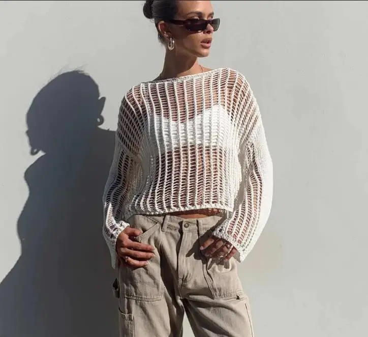 Black Mesh Long Sleeve Sweater for Women — feature 7