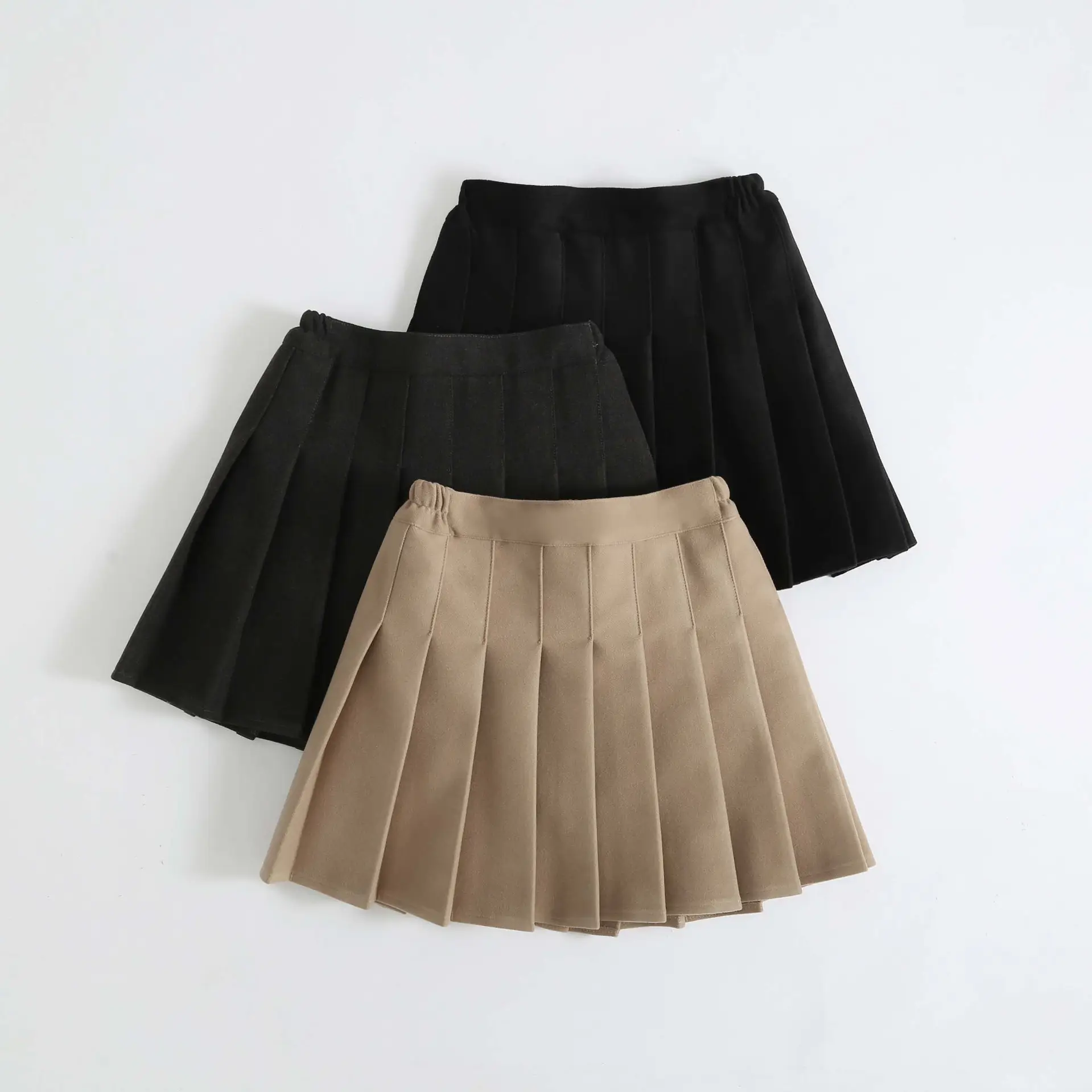Khaki Pleated Woolen Kids Skirt High Waist Autumn Winter