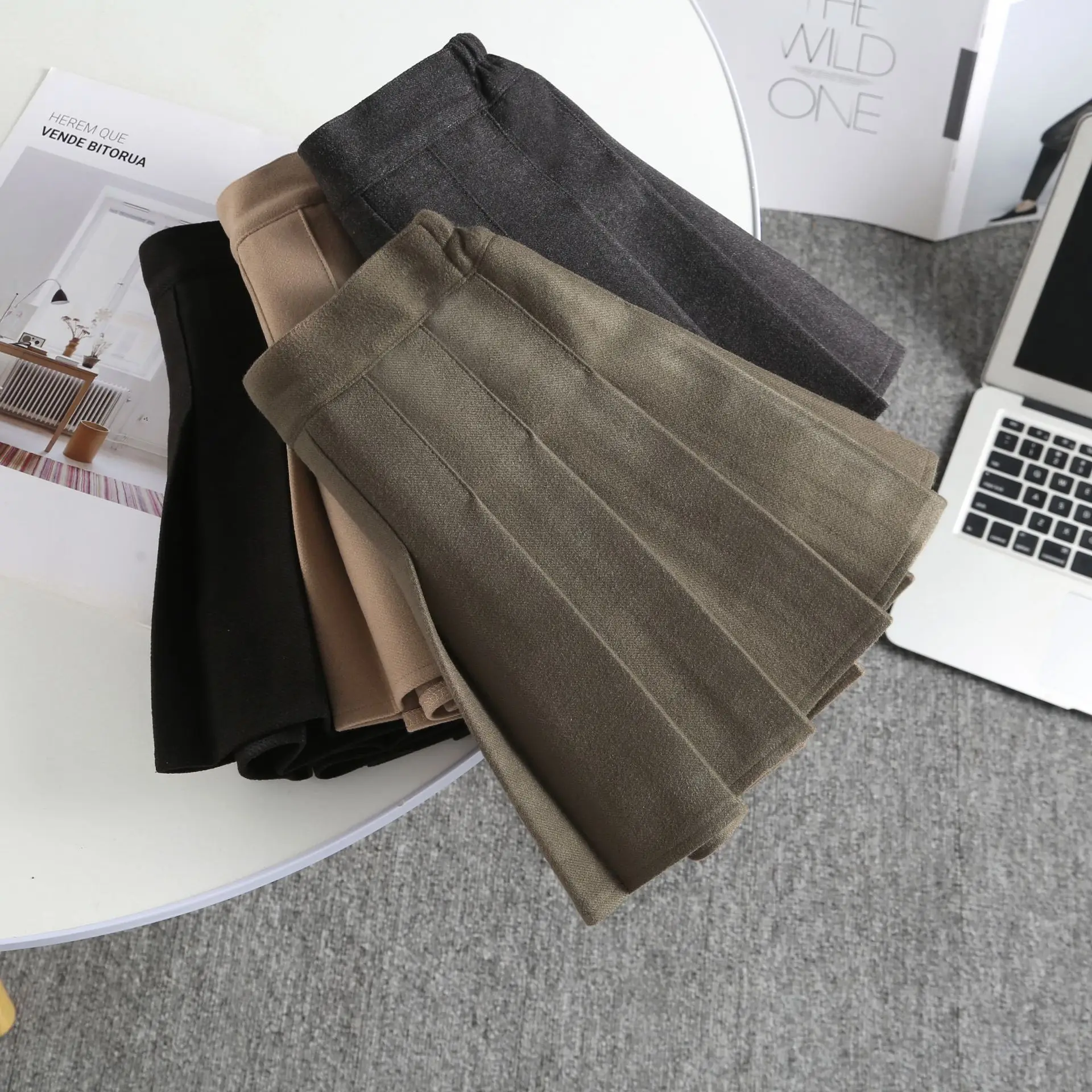Khaki Pleated Woolen Kids Skirt High Waist Autumn Winter — feature 3