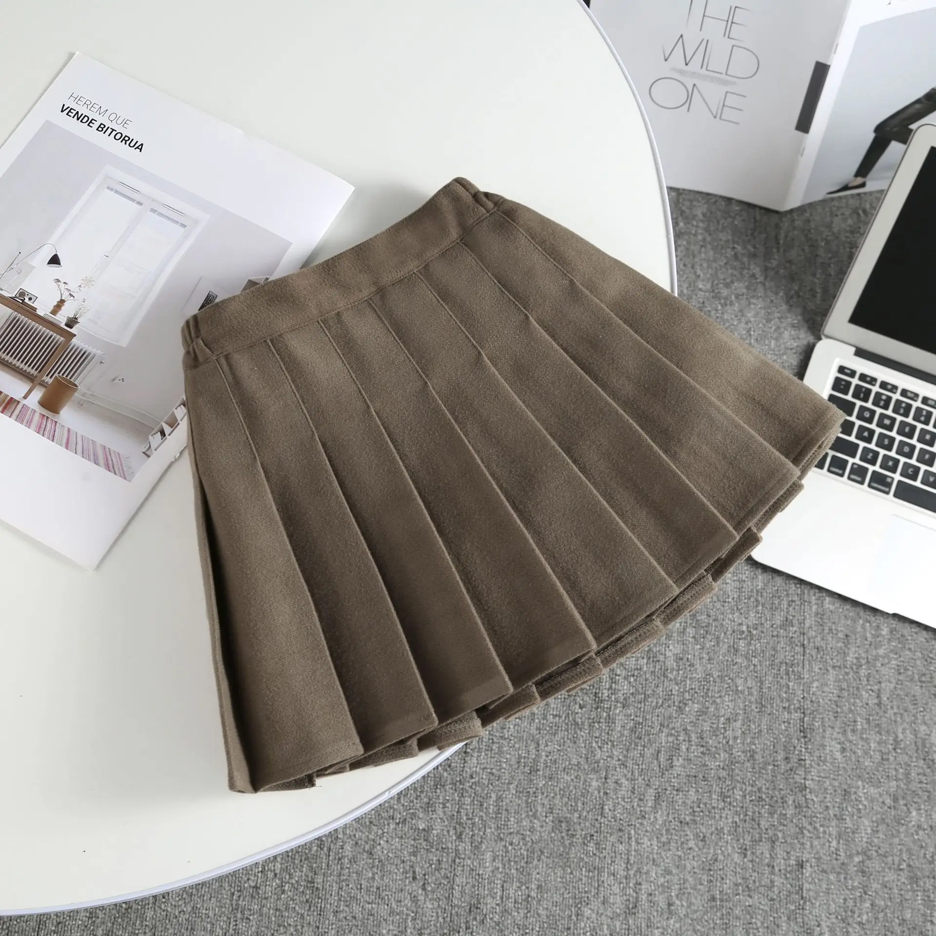 Khaki Pleated Woolen Kids Skirt High Waist Autumn Winter — feature 4