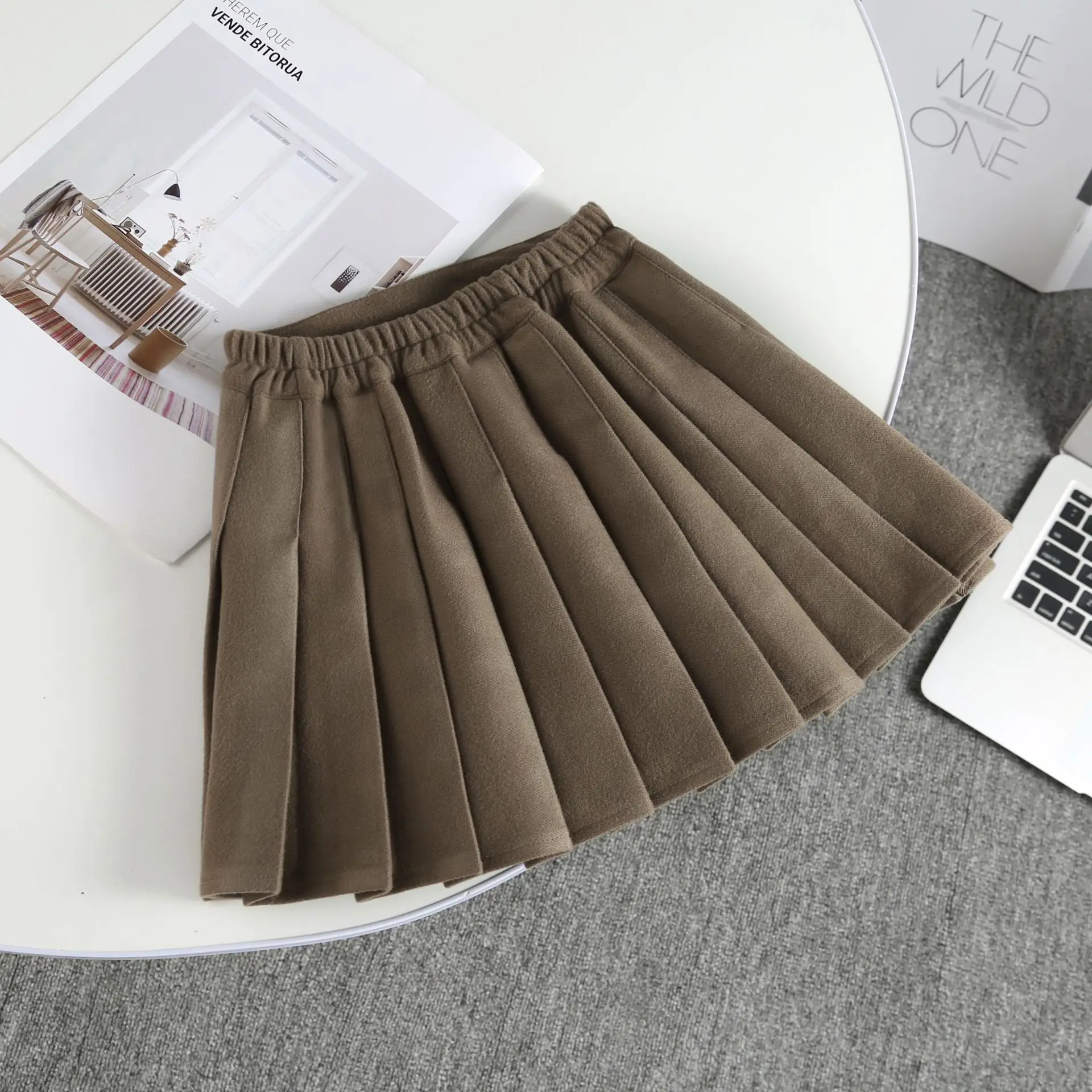 Khaki Pleated Woolen Kids Skirt High Waist Autumn Winter — feature 5