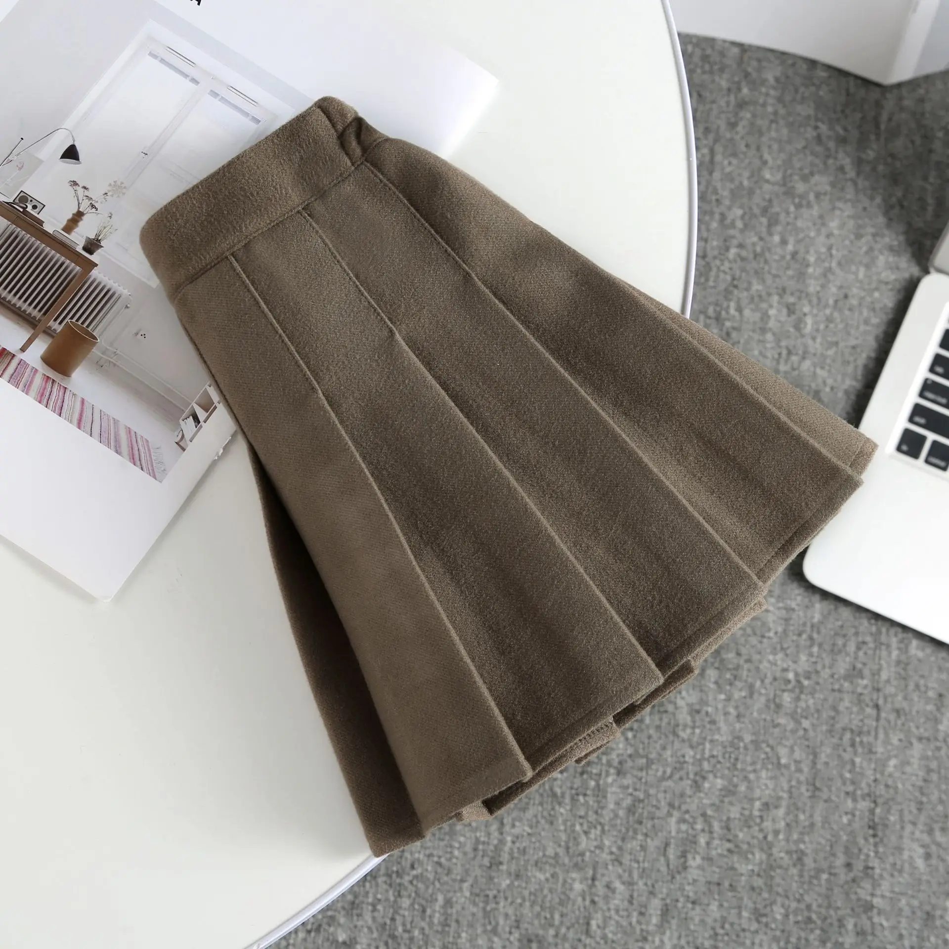 Khaki Pleated Woolen Kids Skirt High Waist Autumn Winter