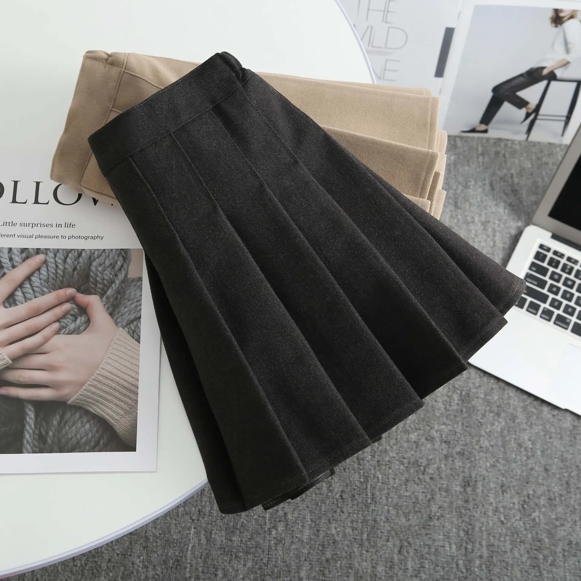 Khaki Pleated Woolen Kids Skirt High Waist Autumn Winter