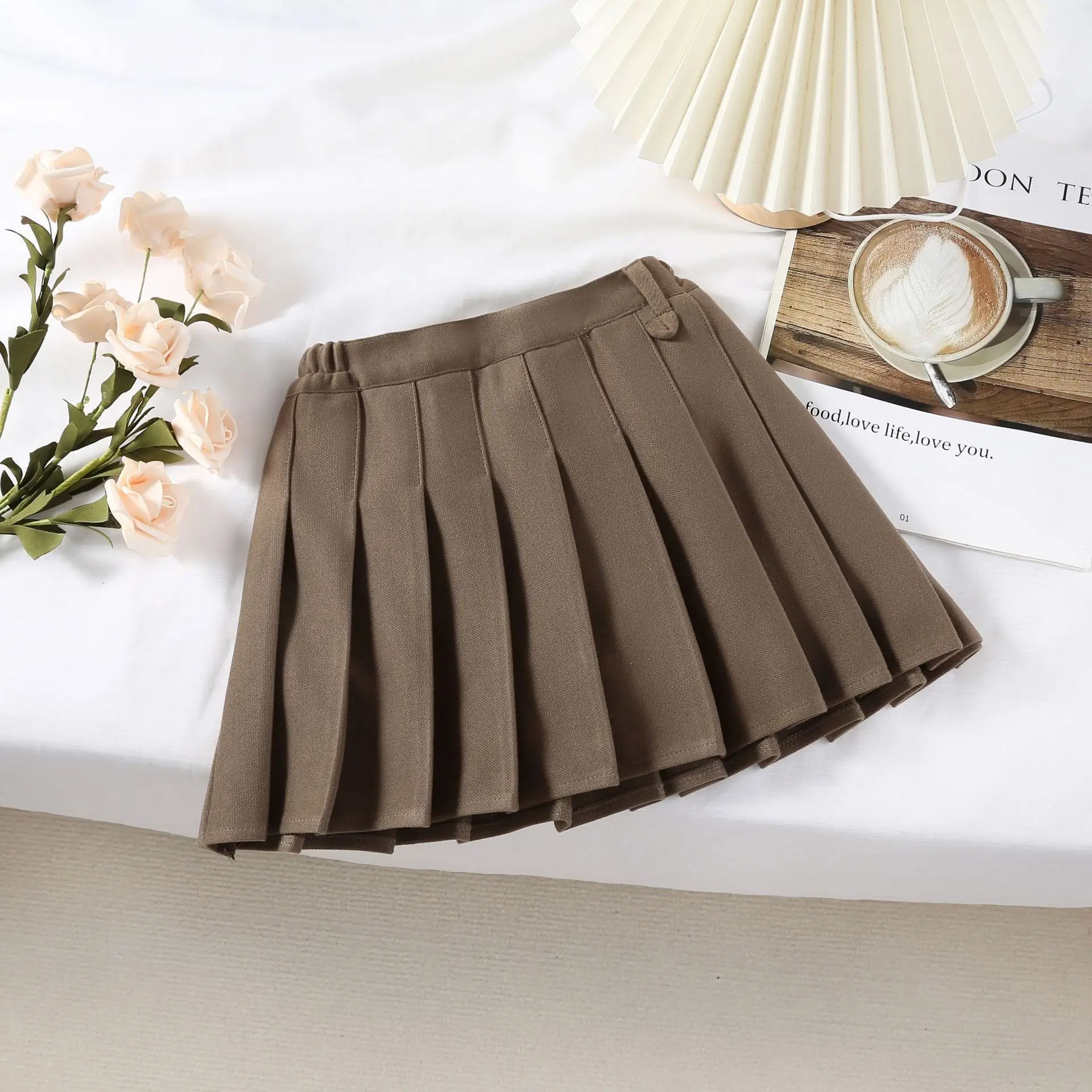 Khaki Pleated Woolen Kids Skirt High Waist Autumn Winter