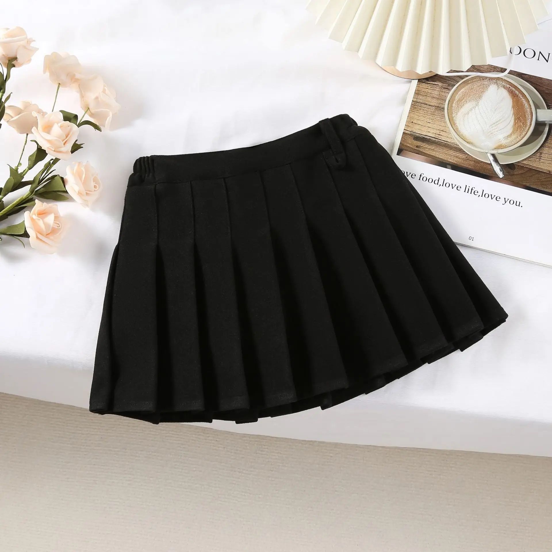 Khaki Pleated Woolen Kids Skirt High Waist Autumn Winter