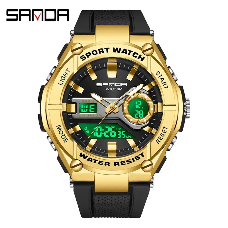 Sanda Digital Watch Gold Black Waterproof Sports Watch