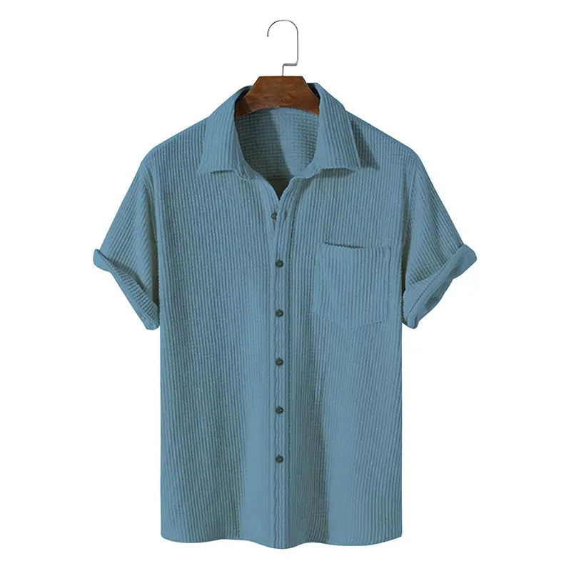 Men's Blue Waffle Knit Short Sleeve Shirt - Image 3