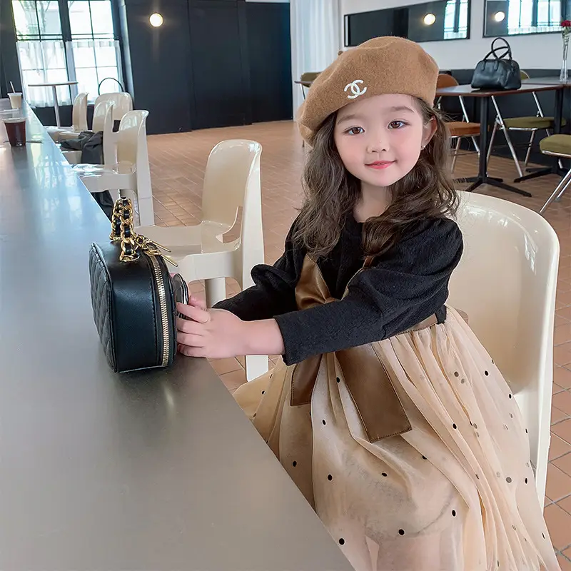 Girls Puffy Gauze Dress with Beanie and Bag Set - Image 5