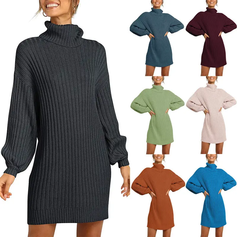 Women's 2022 Turtleneck Long Sweater Dress Beige Ribbed - Image 14