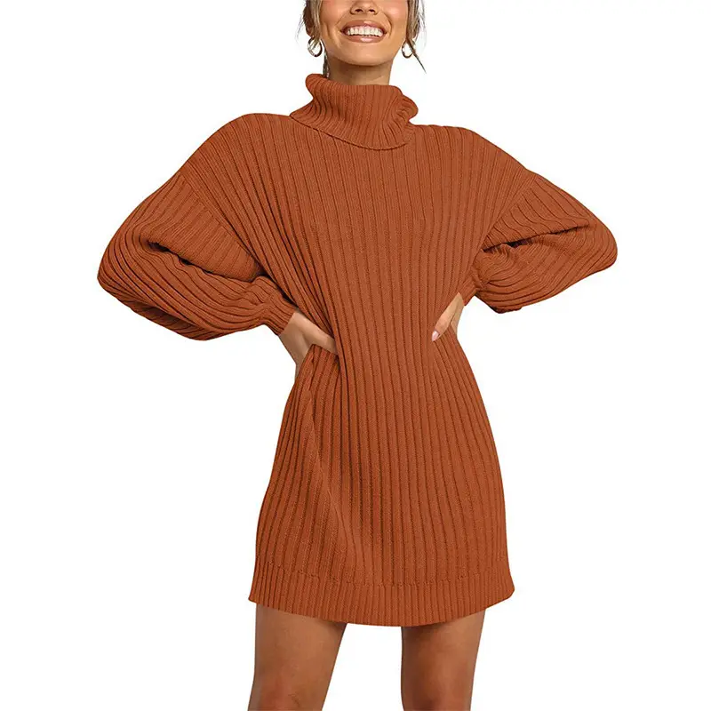 Women's 2022 Turtleneck Long Sweater Dress Beige Ribbed - Image 16