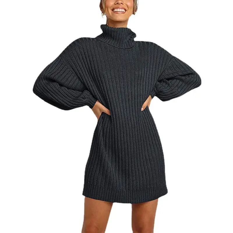 Women's 2022 Turtleneck Long Sweater Dress Beige Ribbed - Image 18
