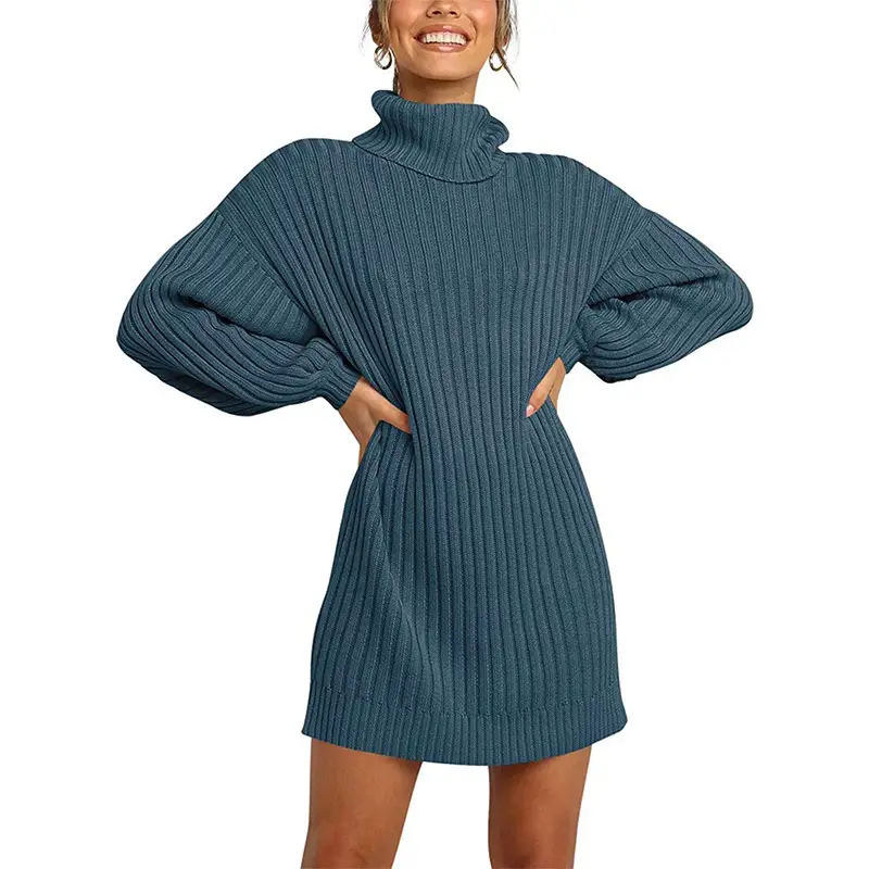 Women's 2022 Turtleneck Long Sweater Dress Beige Ribbed - Image 10