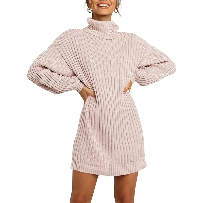 Women's 2022 Turtleneck Long Sweater Dress Beige Ribbed - Image 2
