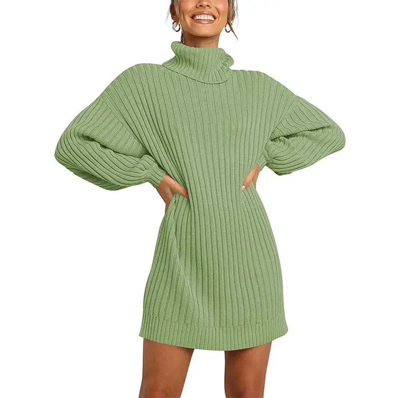Women's 2022 Turtleneck Long Sweater Dress Beige Ribbed - Image 3