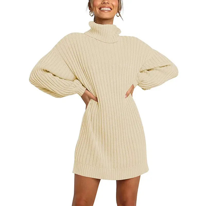 Women's 2022 Turtleneck Long Sweater Dress Beige Ribbed - Image 4