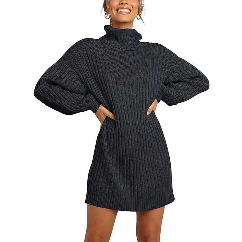Women's 2022 Turtleneck Long Sweater Dress Beige Ribbed - Image 6