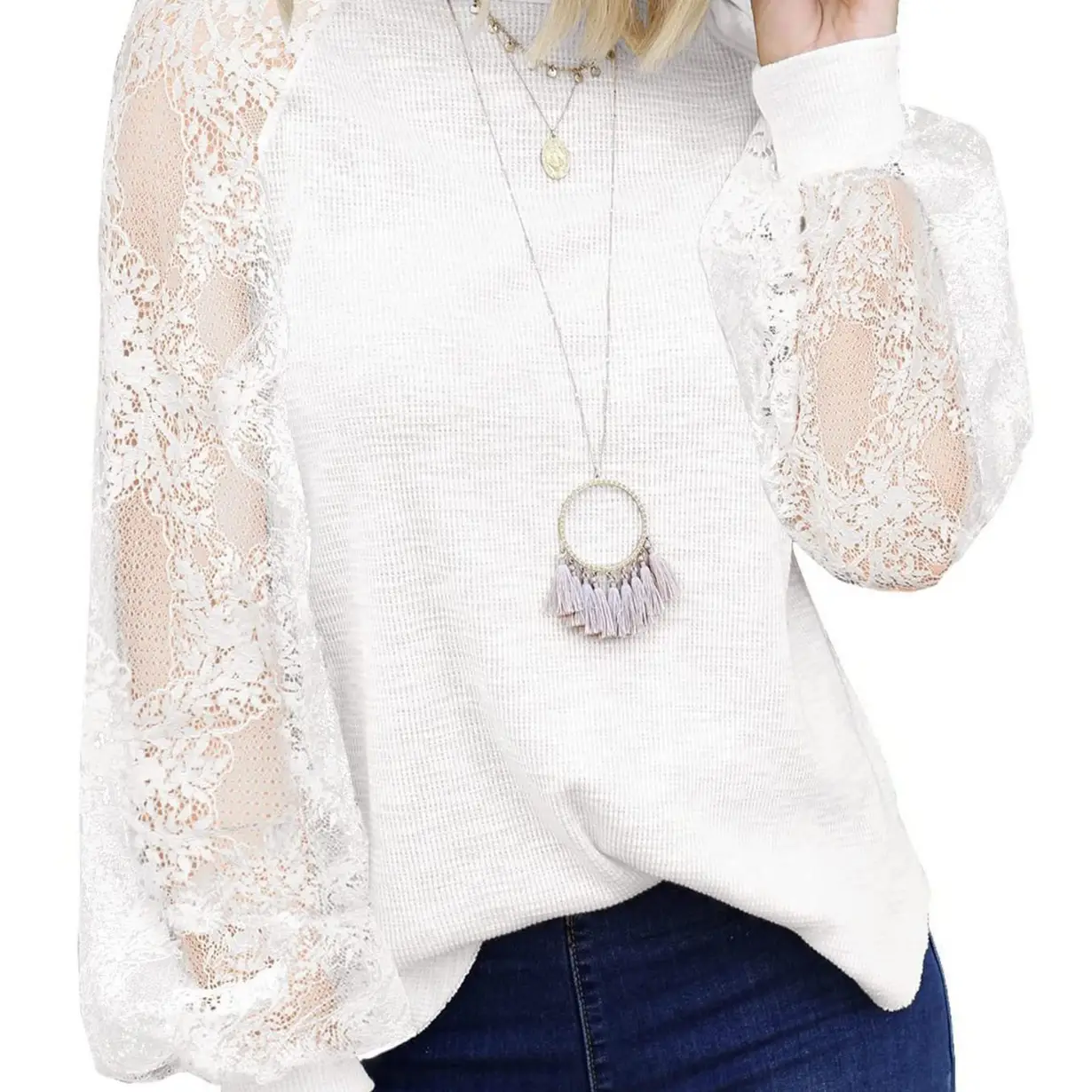 Women's White Lace Long Sleeve T-Shirt Top - Image 10