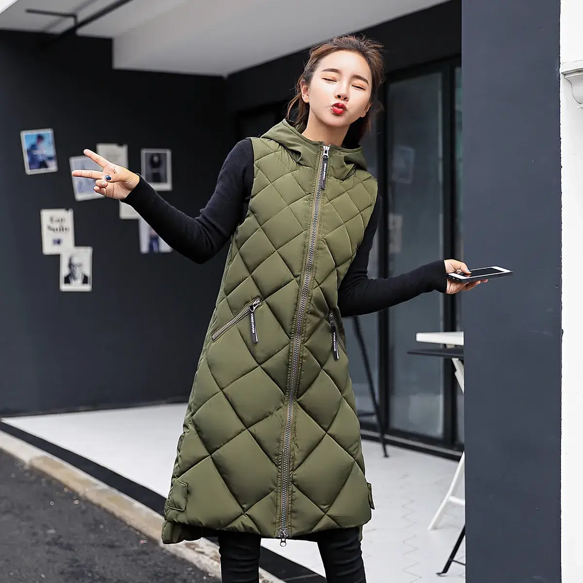 Women's Olive Green Quilted Hooded Vest Mid-Length 2025 - Image 5