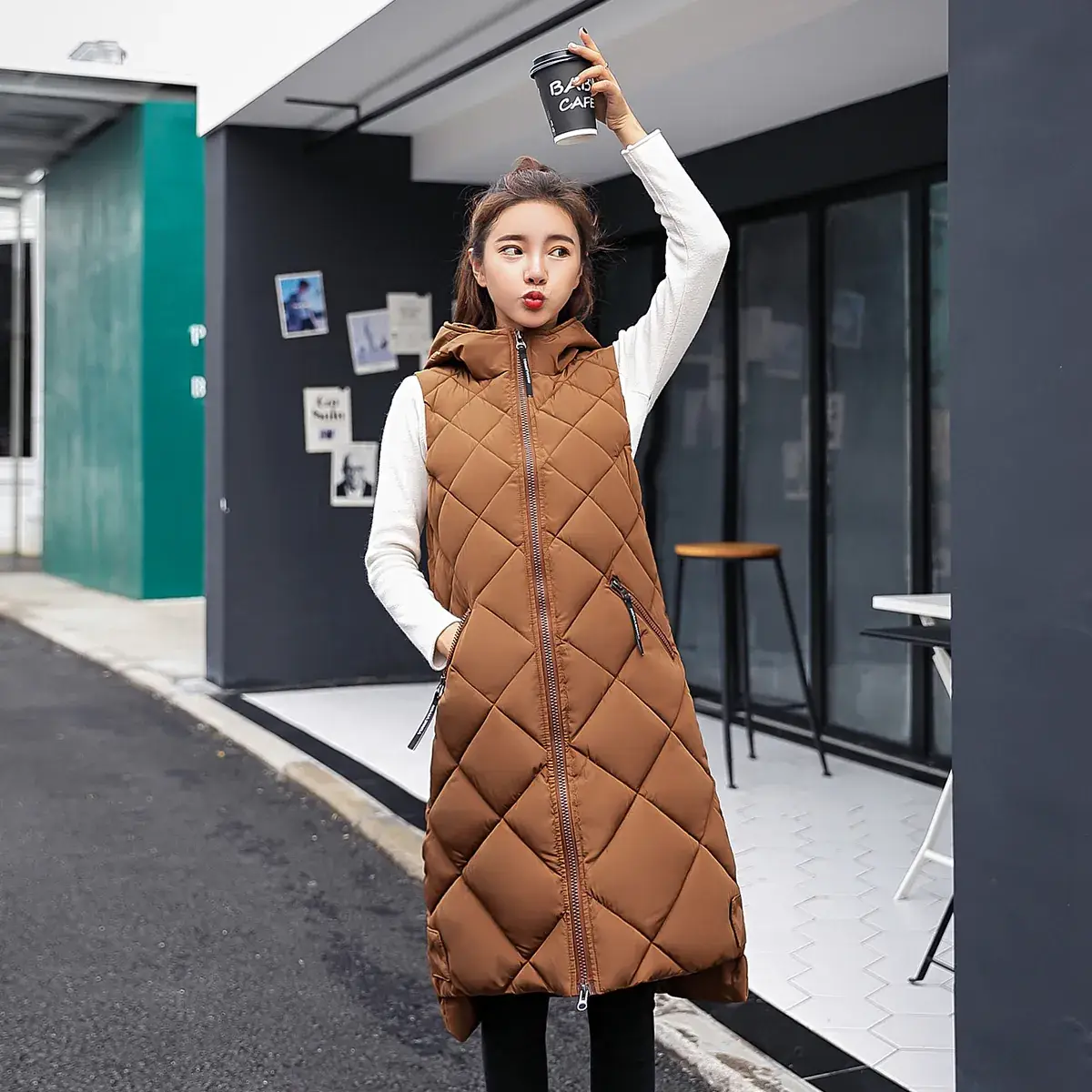 Women's Olive Green Quilted Hooded Vest Mid-Length 2025 - Image 6