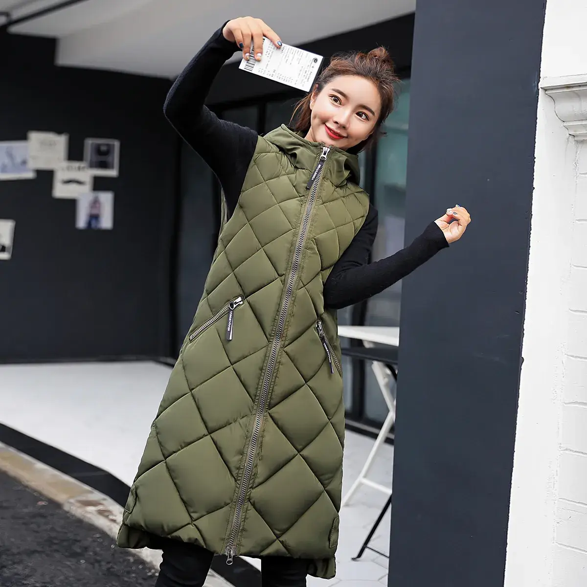 Women's Olive Green Quilted Hooded Vest Mid-Length 2025 - Image 2