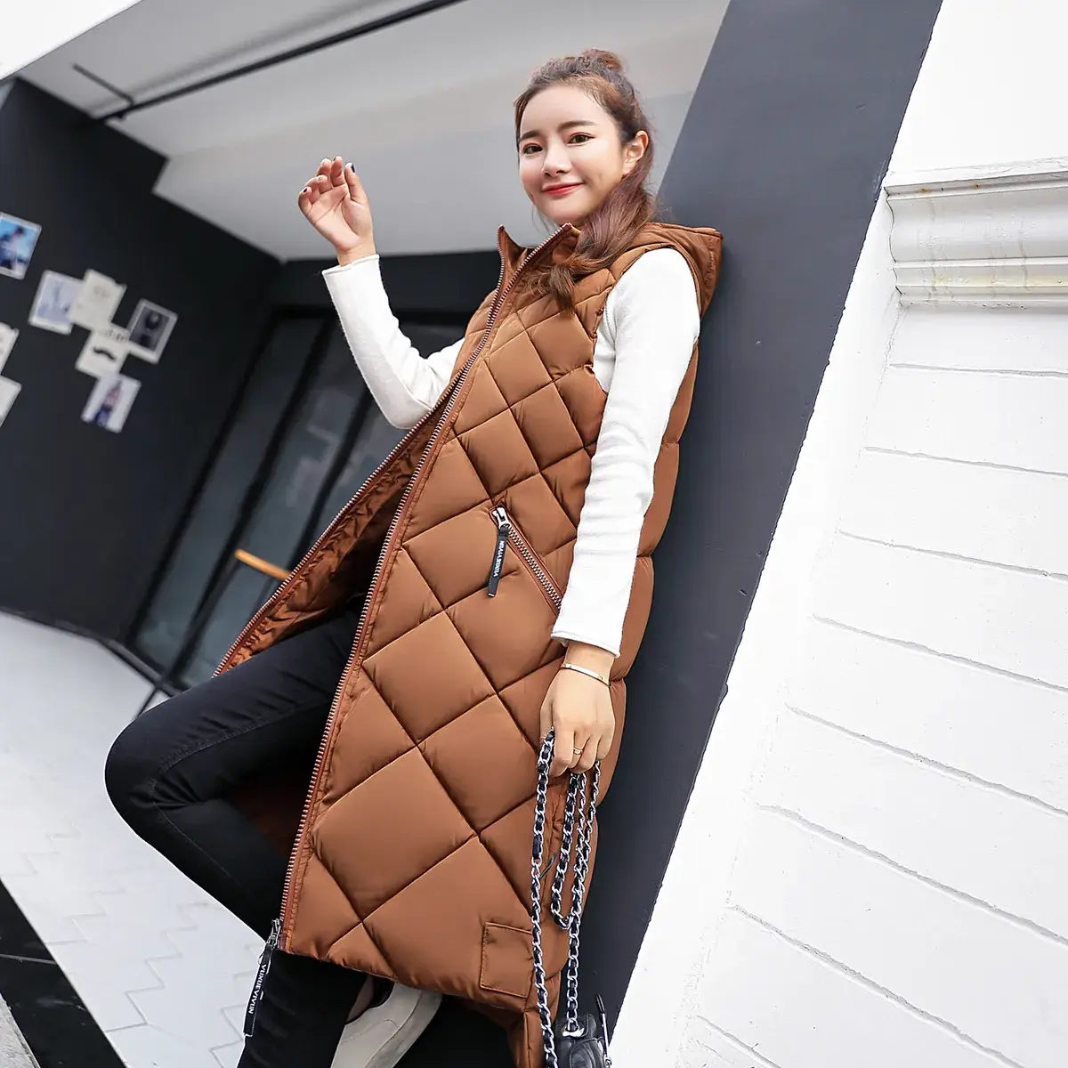 Women's Olive Green Quilted Hooded Vest Mid-Length 2025 - Image 3