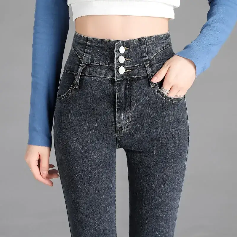 Three Button High Waist Elastic Pants for Women