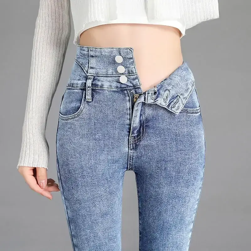 Three Button High Waist Elastic Pants for Women