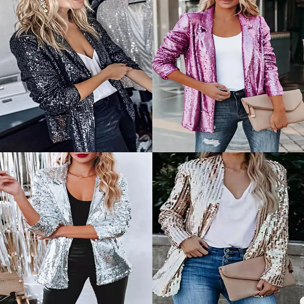 2025 Sequined Long Sleeve Women Suit Jacket Black