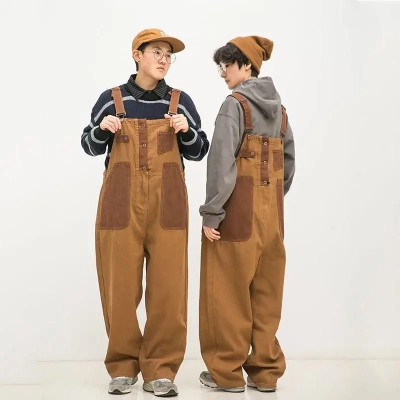 Japanese Style Unisex Loose Overalls Retro Orange Brown - Image 7