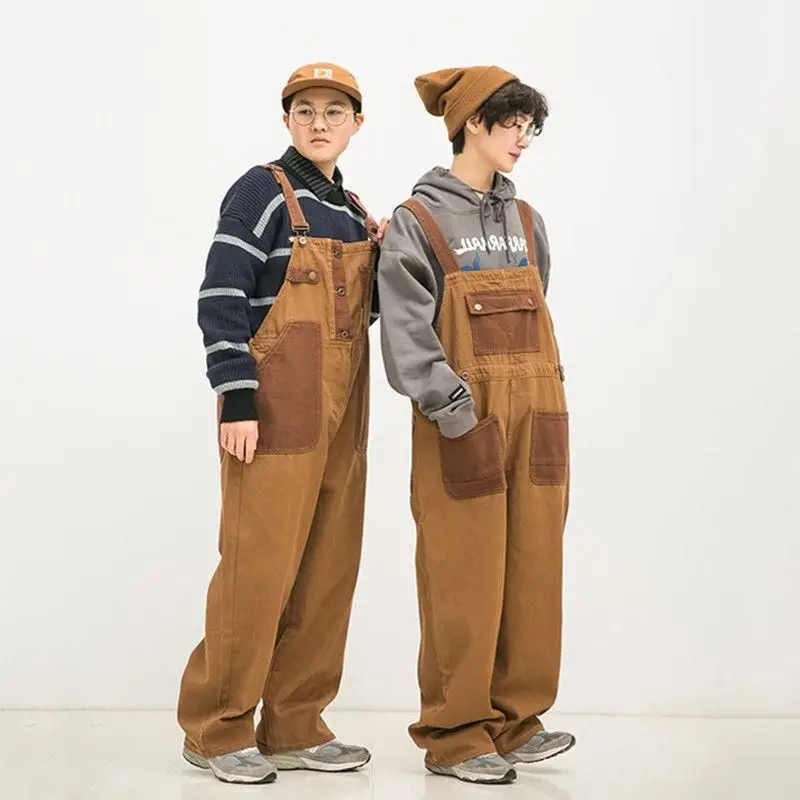 Japanese Style Unisex Loose Overalls Retro Orange Brown - Image 9
