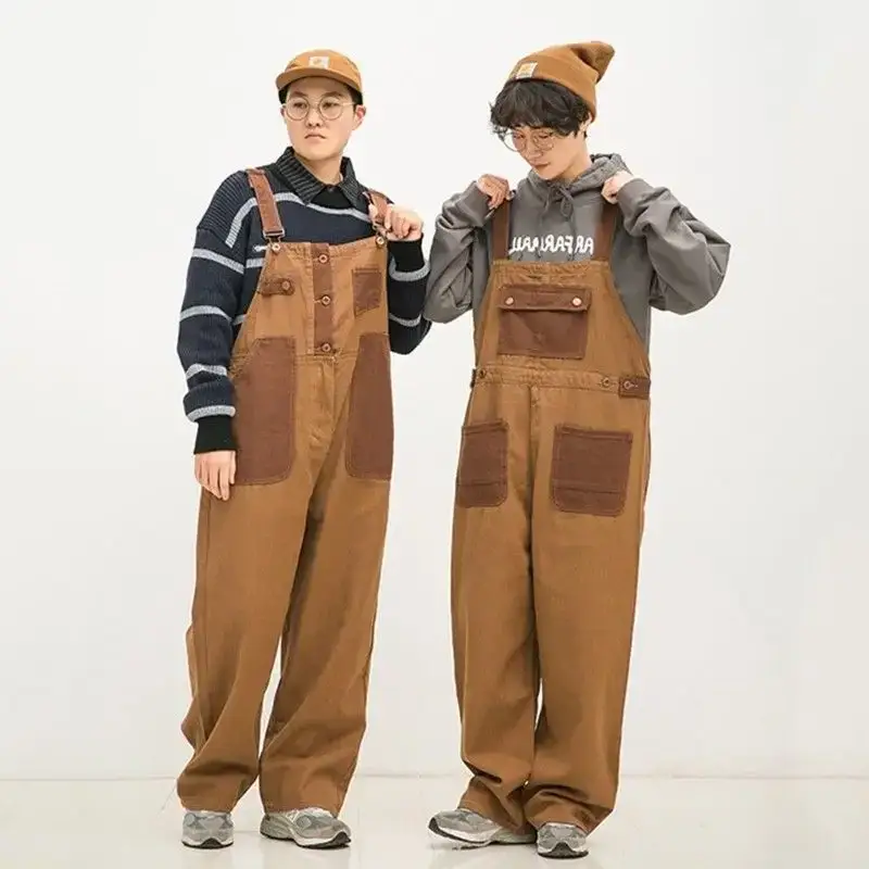 Japanese Style Unisex Loose Overalls Retro Orange Brown - Image 5