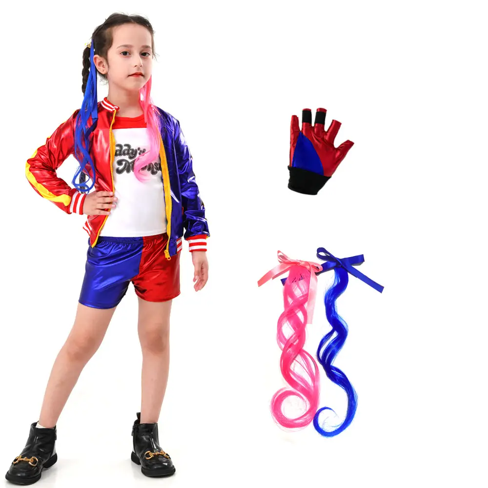 Halloween Suicide Squad Harley Quinn Costume Gloves Red Blue Black - Image 4