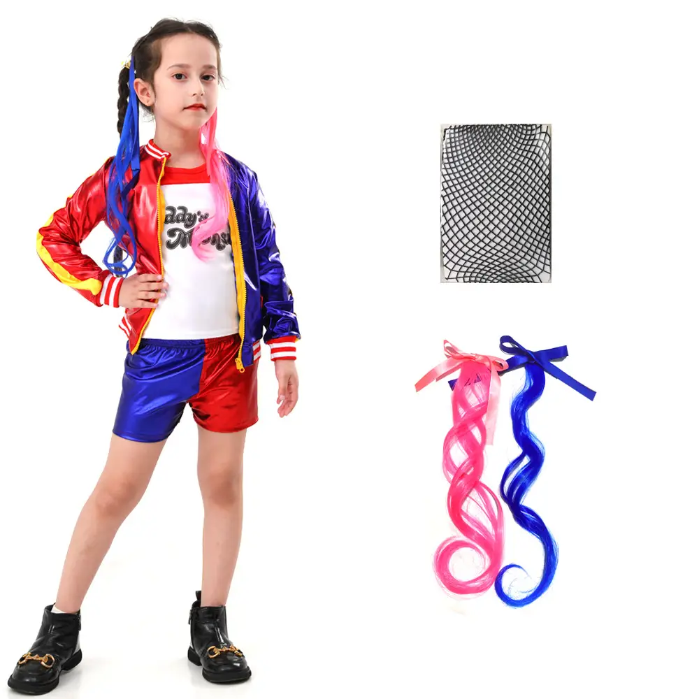 Halloween Suicide Squad Harley Quinn Costume Gloves Red Blue Black - Image 5
